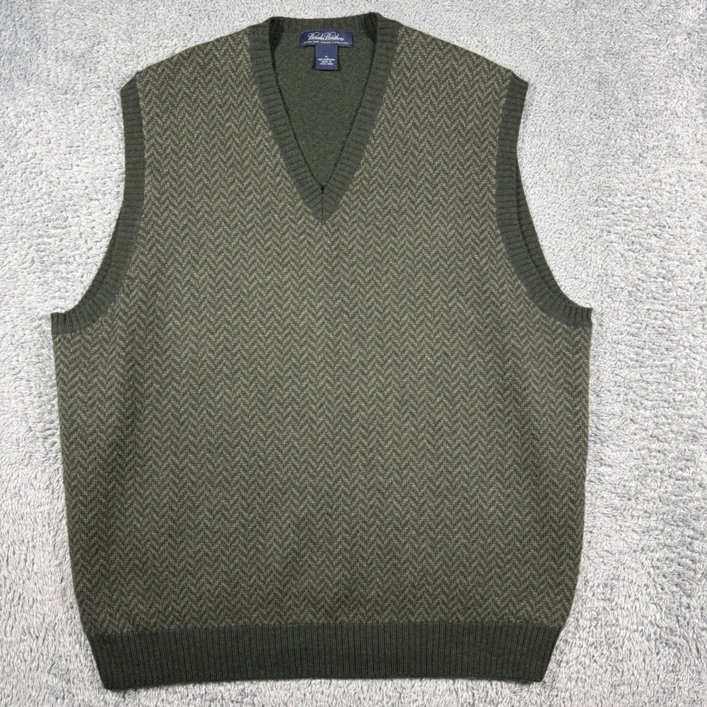 VTG Brooks Brothers Sweater Vest Men XL Green Herringbone Italian Lambswool V-Ne